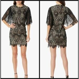 Dress The Population Toni Black Lace Nude Lined Flutter Sleeve Mini Dress L